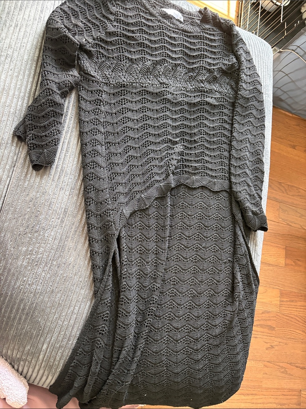 Lightweight Openwork Longline Knit Cardigan - Charcoal Gray